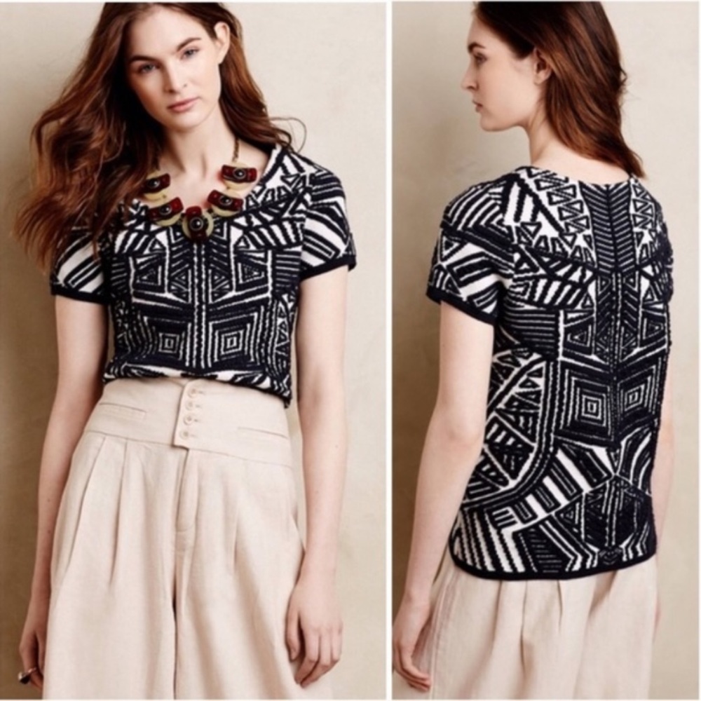 Anthropology Moth Dahlia Jacquard Navy Knit Top M